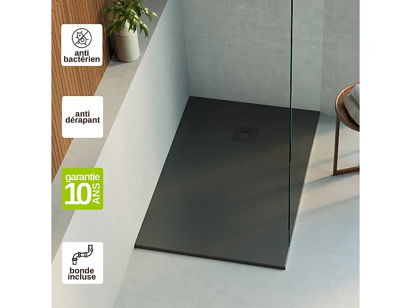 Receveur de Douche Extraplat 180x90cm Noir - Résine Minérale - Antidérapant - Effet Ardoise - Bonde Incluse - LAVABERG