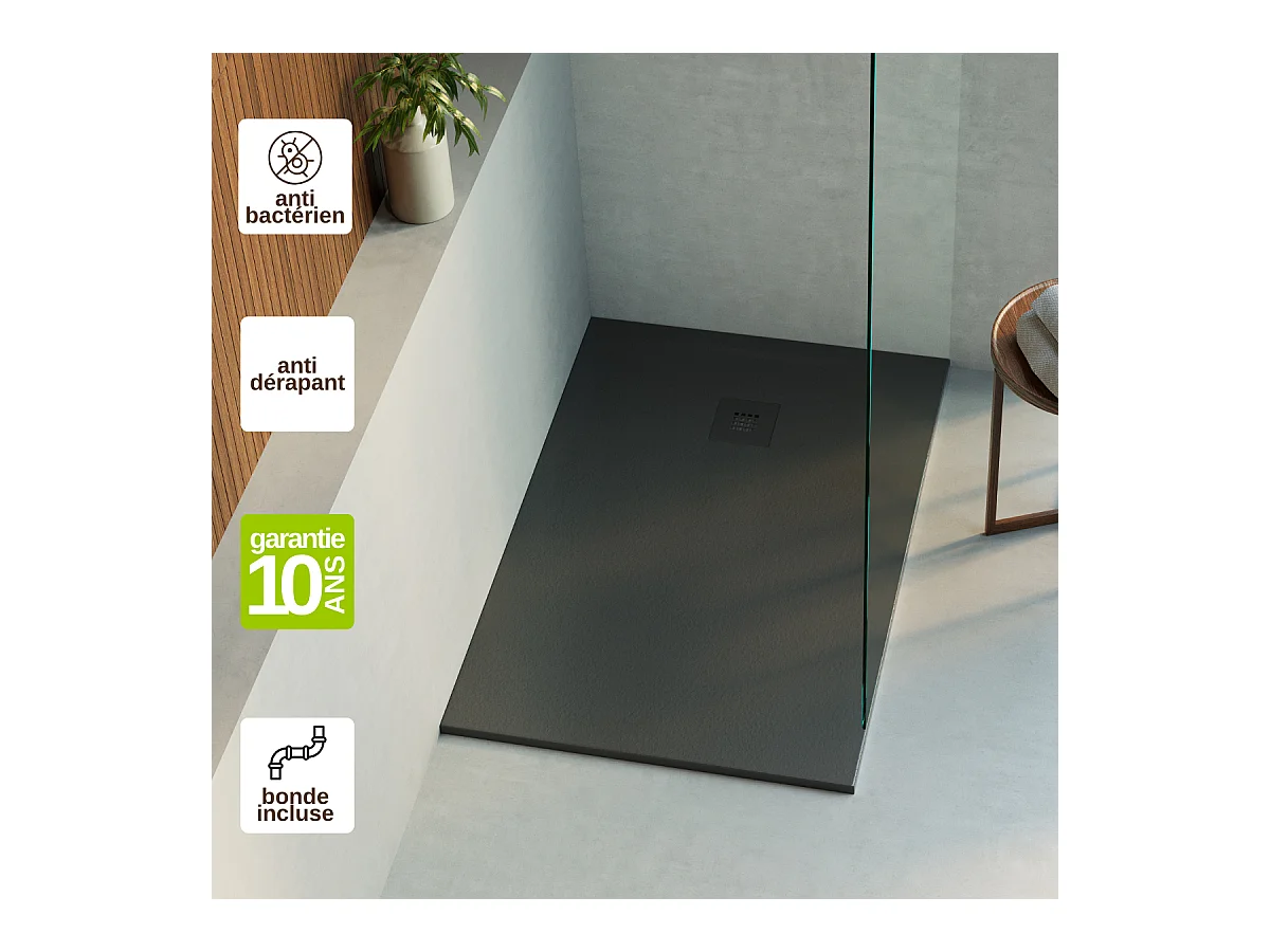 Receveur de Douche Extraplat 180x80x3cm Noir en Résine Minérale - Antidérapant, Texture Ardoise - THOR LAVABERG