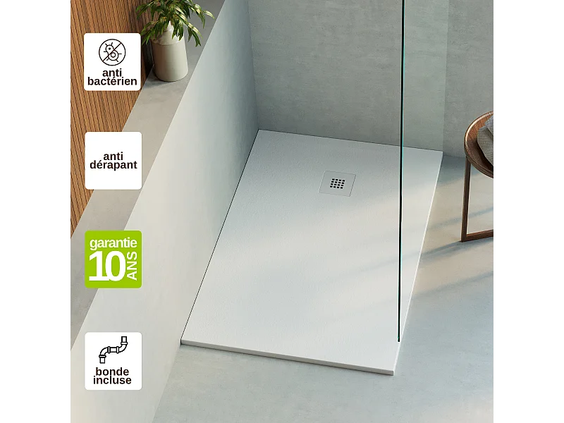 Receveur de Douche Extraplat 140x90cm Blanc - Résine Minérale - Antidérapant - Effet Ardoise - Bonde Incluse - LAVABERG
