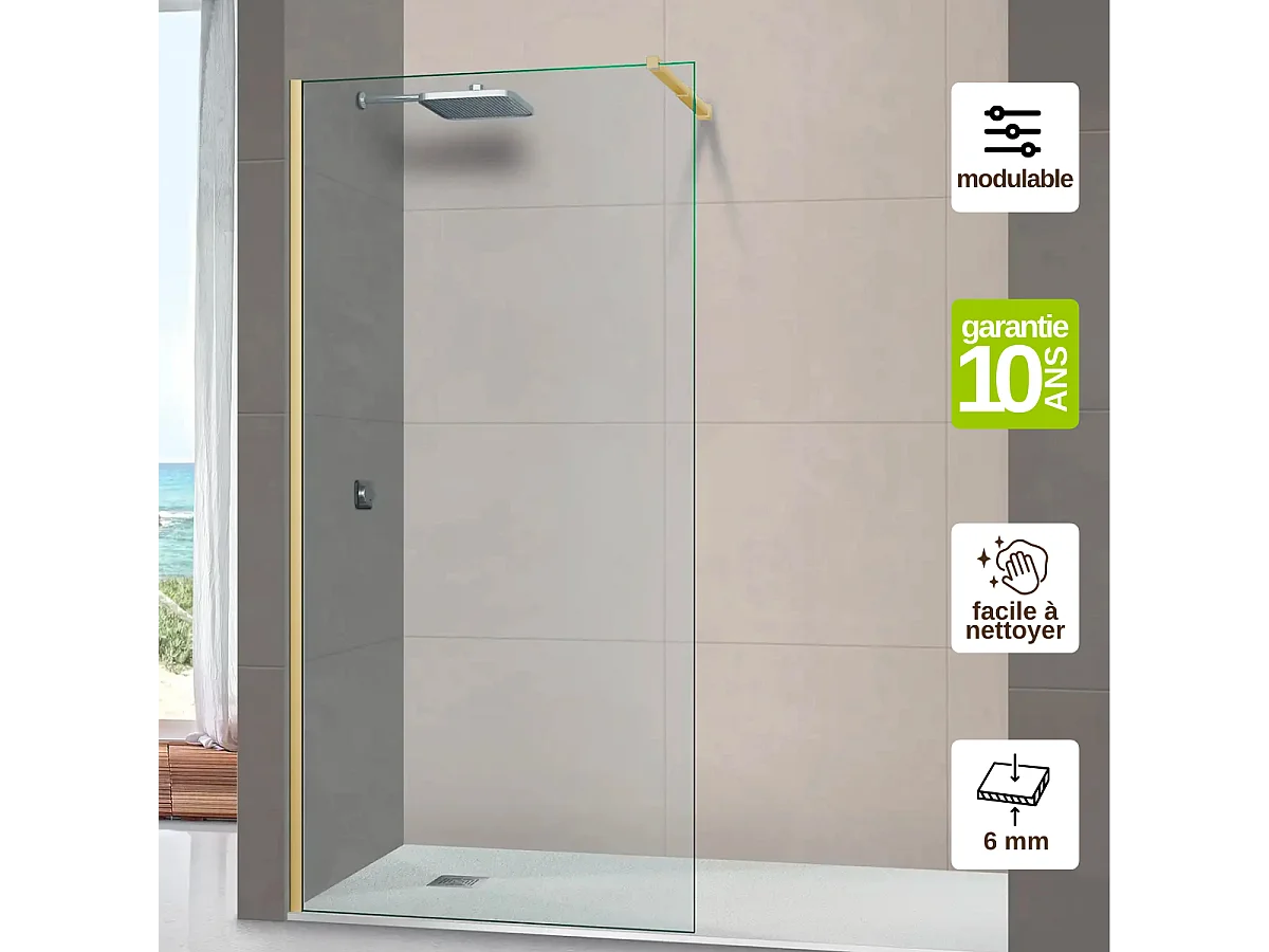 Pare douche fixe en verre sécurité transparent ép 6mm anti calcaire, L.110*H.195 cm, profilé or brossé, SUPERBAN Mont Blanc CC