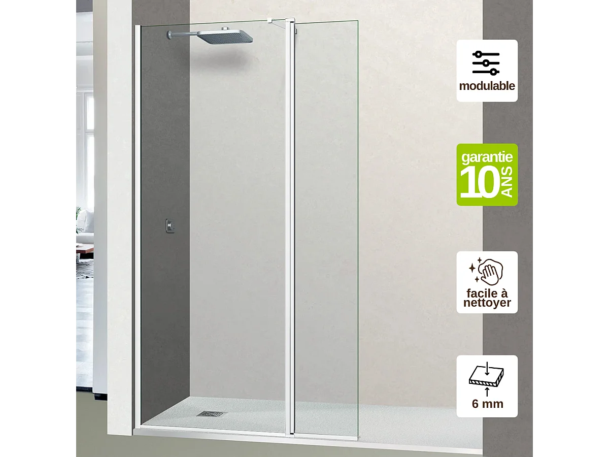 Pare douche fixe avec déflecteur Droit en verre sécurité transparent ép 6mm anti calcaire, L(73+32)105*H195 cm, blanc, SUPERBAN Alsace Sport +