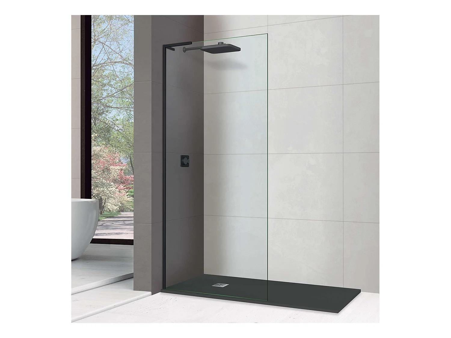 Pare douche fixe en verre sécurité transparent ép 8mm anti calcaire, L.100*H.195 cm, profilé noir mat, SUPERBAN Mont Blanc CC