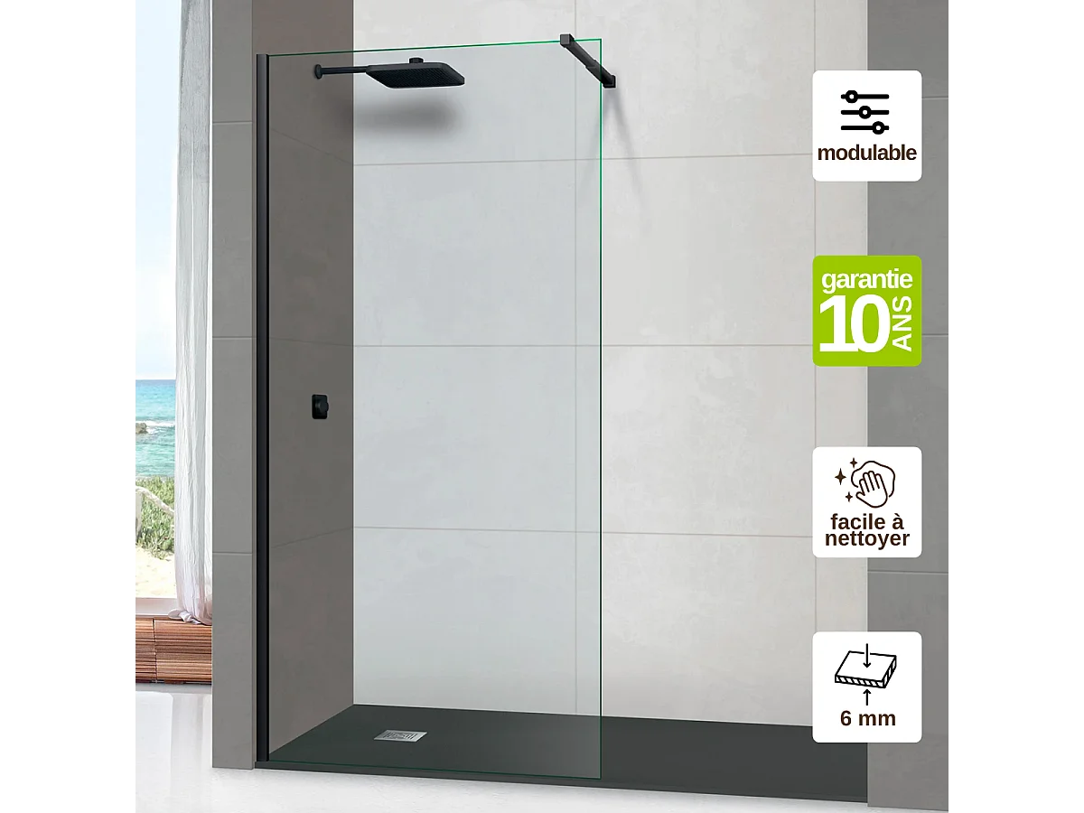 Pare douche fixe en verre sécurité transparent ép 6mm anti calcaire, L.100*H.195 cm, profilé noir mat, SUPERBAN Mont Blanc CC