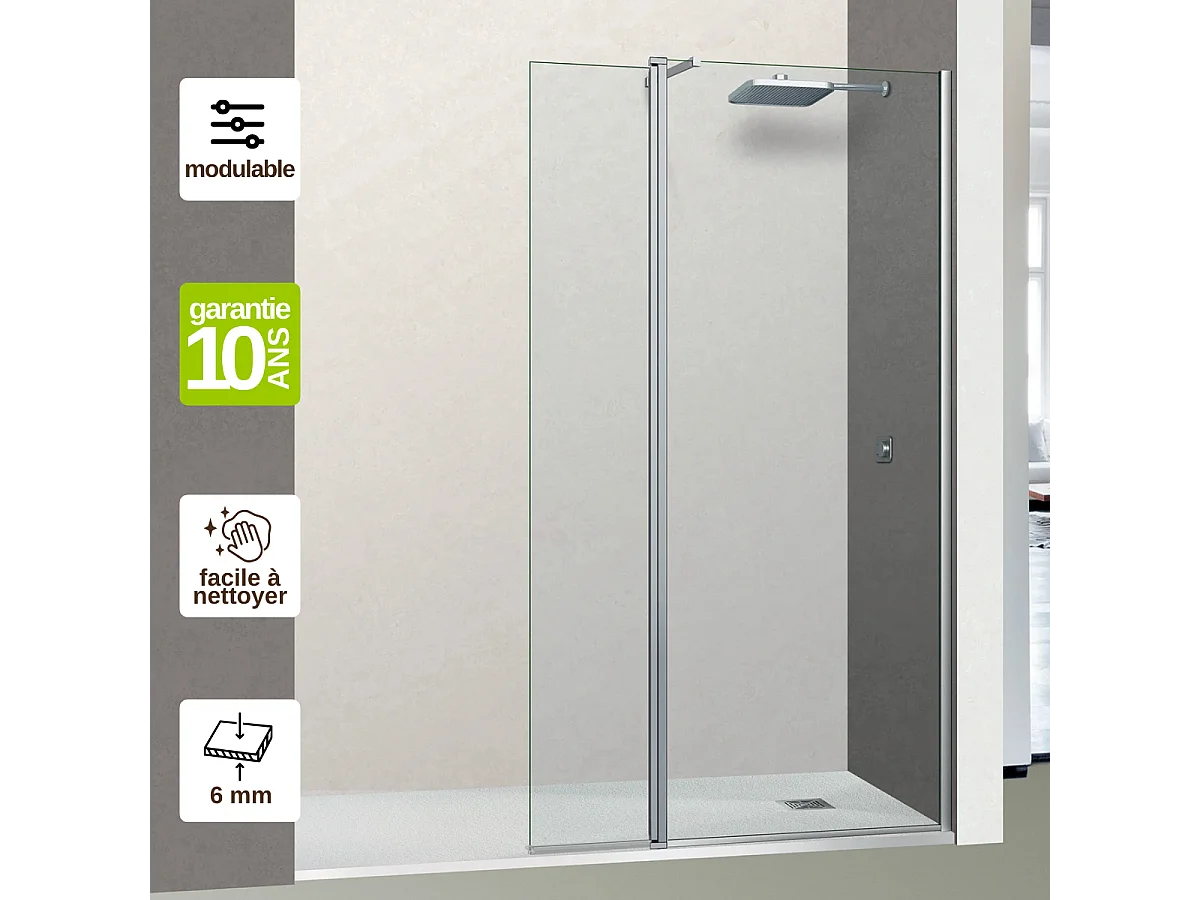 Pare douche fixe avec déflecteur Gauche en verre sécurité transparent ép 6mm anti calcaire, L(83+32)115*H195 cm, chrome, SUPERBAN Alsace Sport +