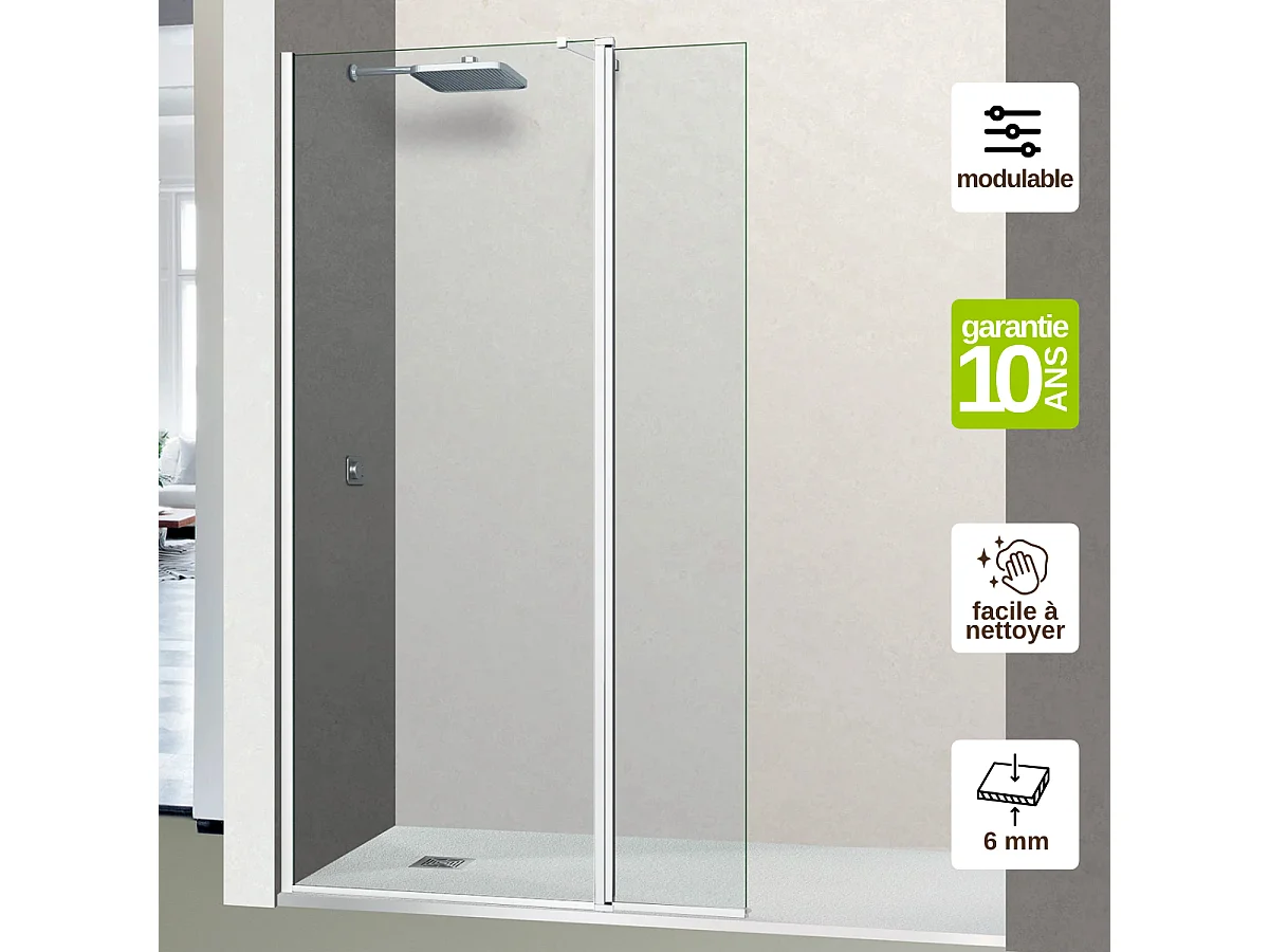Pare douche fixe avec déflecteur Droit en verre sécurité transparent ép 6mm anti calcaire, L(83+32)115*H195 cm, blanc, SUPERBAN Alsace Sport +