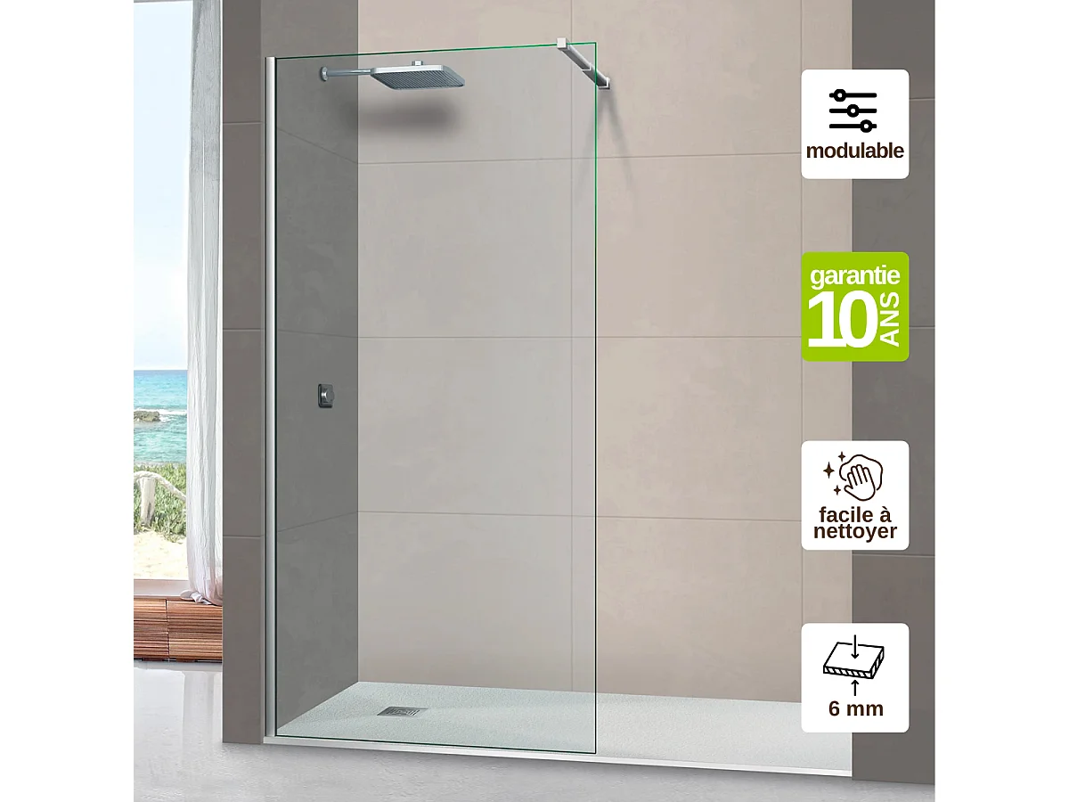 Pare douche fixe en verre sécurité transparent ép 6mm anti calcaire, L.100*H.195 cm, profilé chrome, SUPERBAN Mont Blanc CC