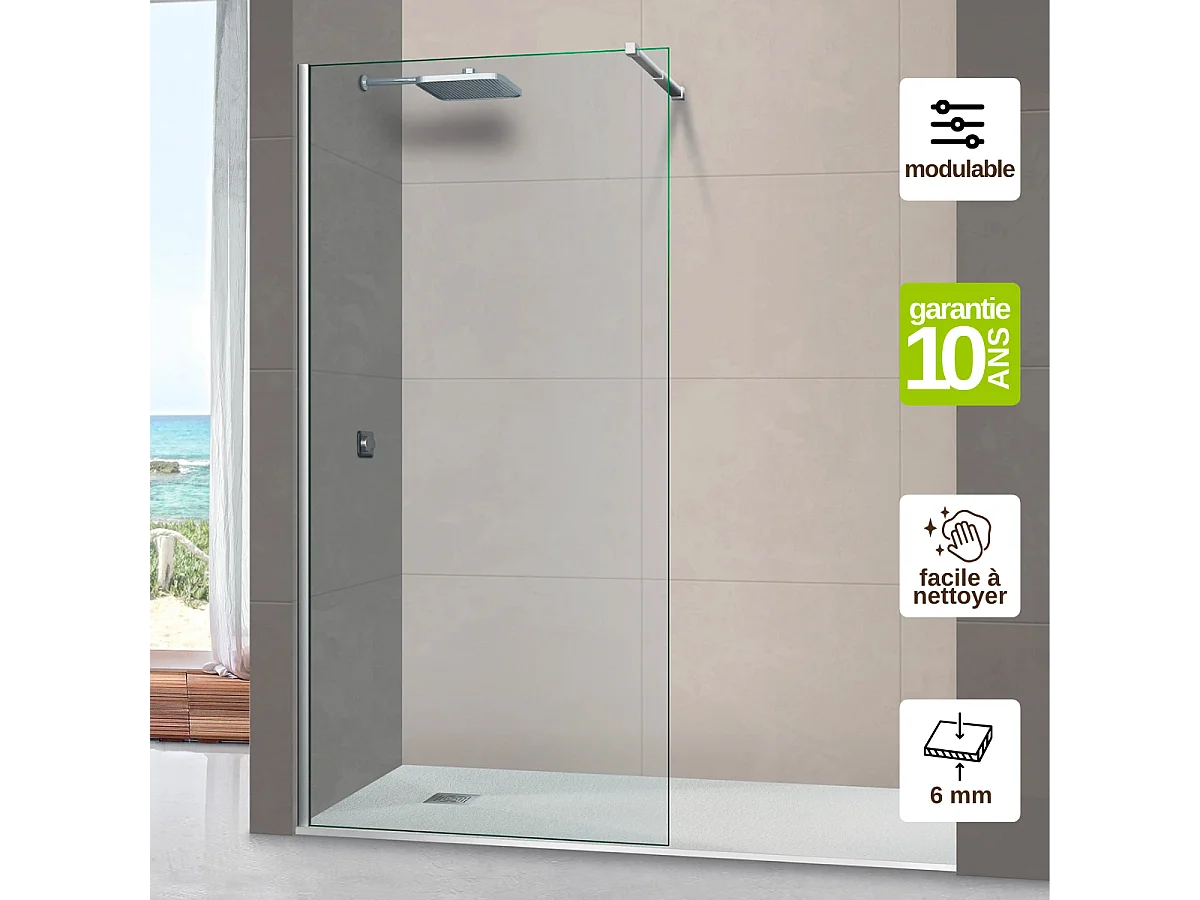 Pare douche fixe en verre sécurité transparent ép 6mm anti calcaire, L.100*H.195 cm, profilé chrome, SUPERBAN Mont Blanc CC