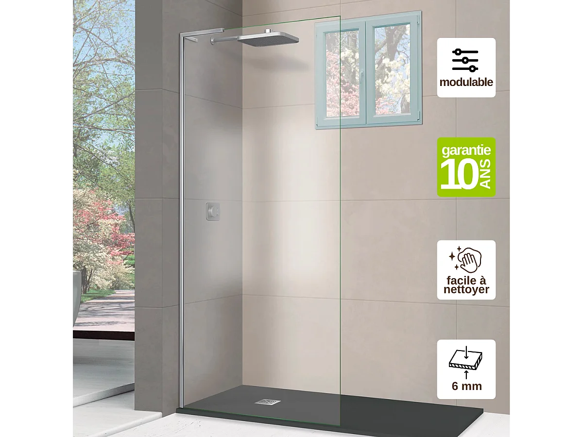 Pare douche fixe en verre sécurité transparent ép 6mm anti calcaire, L.100*H.195 cm, profilé chrome, SUPERBAN Mont Blanc E