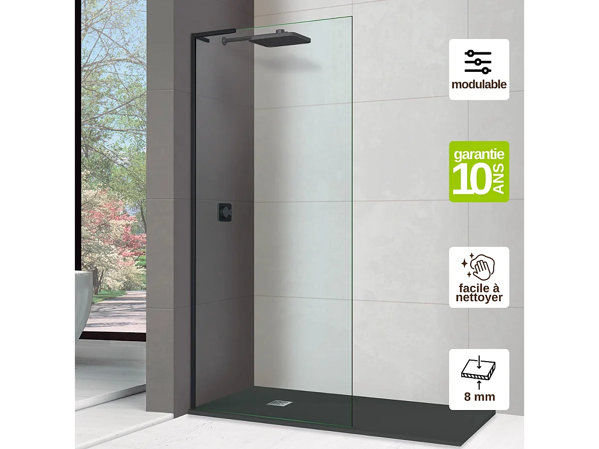 Pare douche fixe en verre sécurité transparent ép 8mm anti calcaire, L.100*H.195 cm, profilé noir mat, SUPERBAN Mont Blanc E