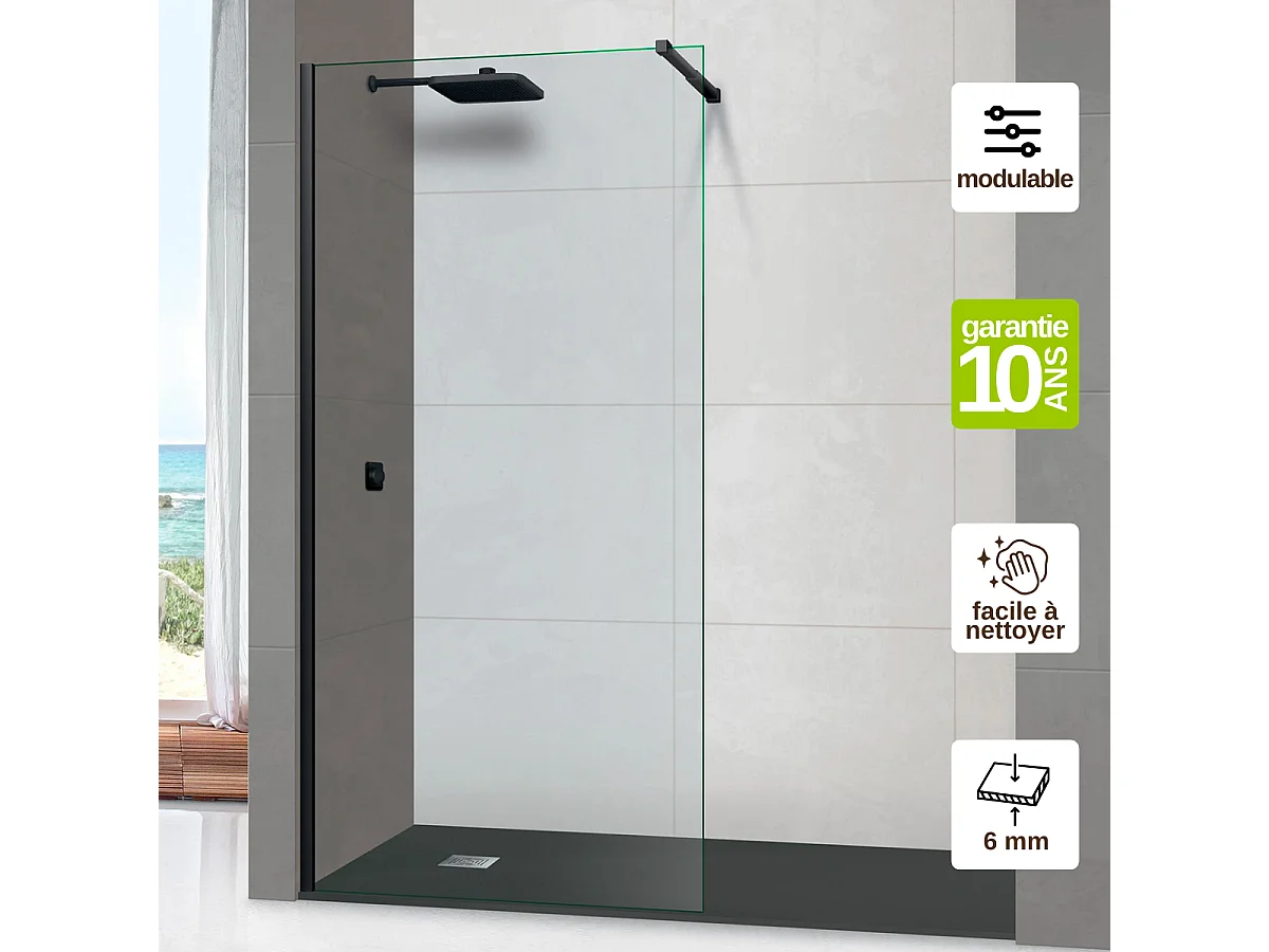 Pare douche fixe en verre sécurité transparent ép 6mm anti calcaire, L.110*H.195 cm, profilé noir mat, SUPERBAN Mont Blanc CC