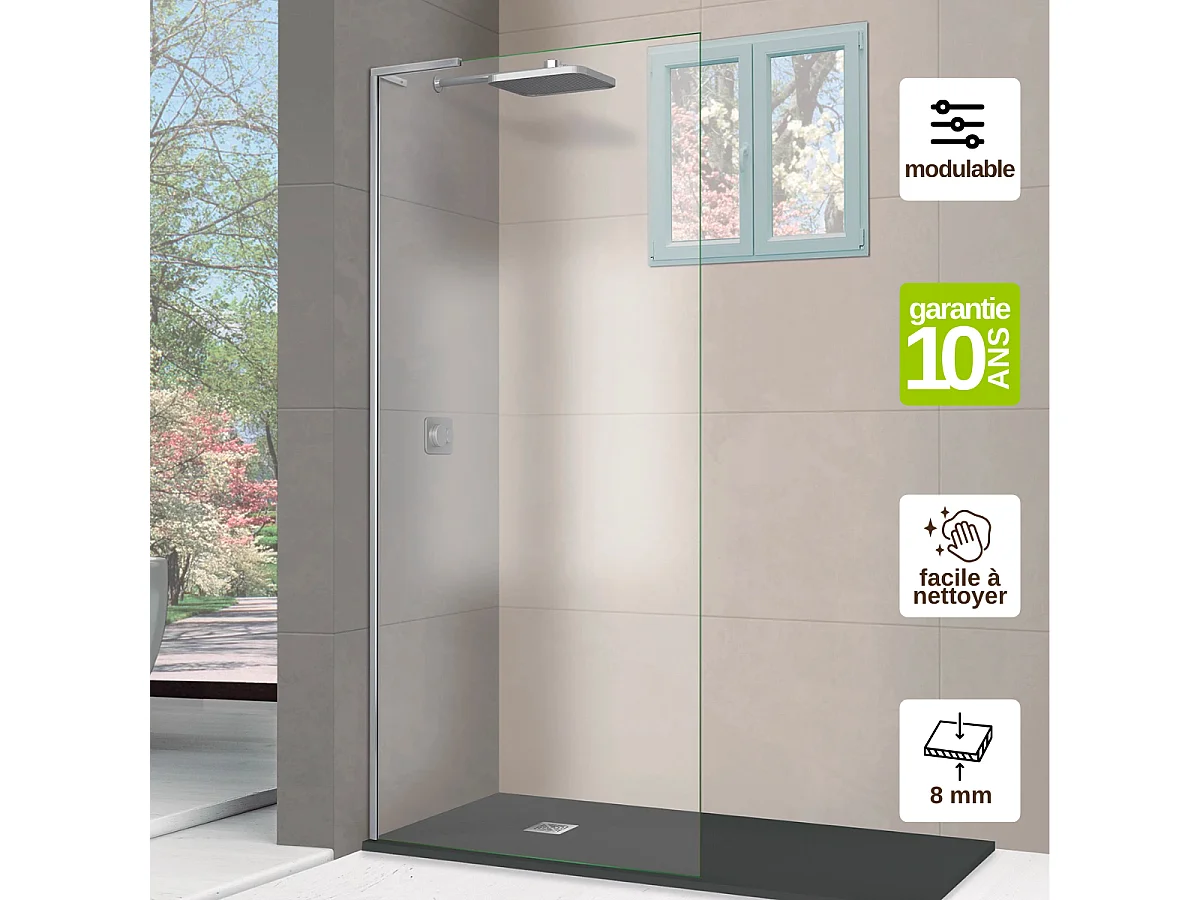 Pare douche fixe en verre sécurité transparent ép 8mm anti calcaire, L.100*H.195 cm, profilé chrome, SUPERBAN Mont Blanc E