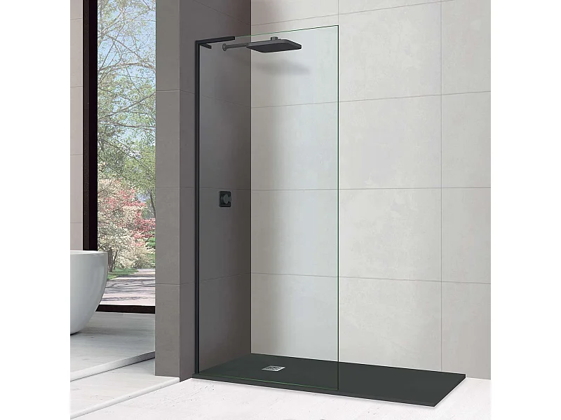 Pare douche fixe en verre sécurité transparent ép 8mm anti calcaire, L.110*H.195 cm, profilé noir mat, SUPERBAN Mont Blanc CC