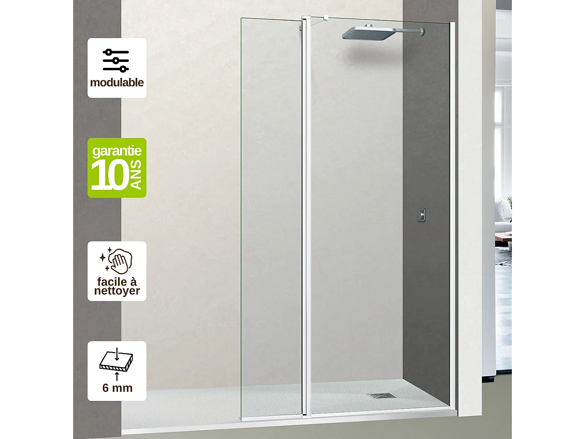 Pare douche fixe avec déflecteur Gauche en verre sécurité transparent ép 6mm anti calcaire, L(73+32)105*H195 cm, blanc, SUPERBAN Alsace Sport +