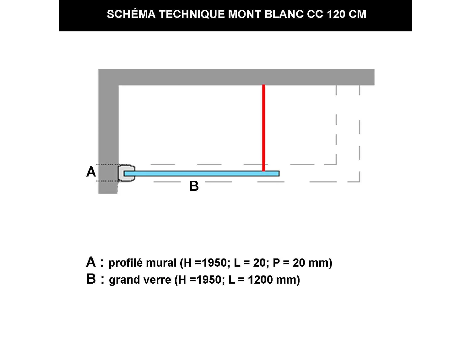 Pare douche fixe en verre sécurité transparent ép 6mm anti calcaire, L.120*H.195 cm, profilé or brossé, SUPERBAN Mont Blanc CC