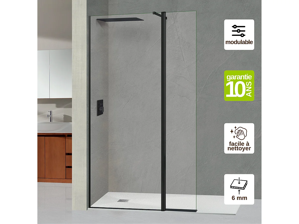 Pare douche fixe avec déflecteur Droit en verre sécurité transparent ép 6mm anti calcaire, L(93+32)125*H195 cm, noir mat, SUPERBAN Alsace Sport +