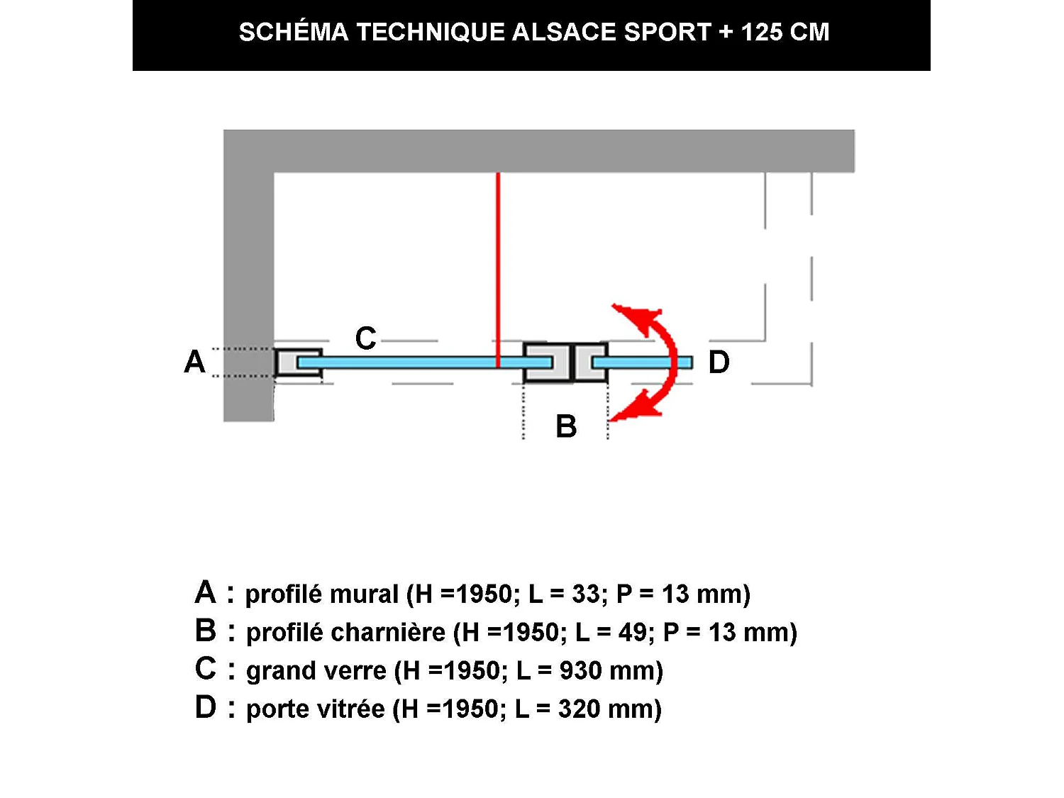 Pare douche fixe avec déflecteur Droit en verre sécurité transparent ép 6mm anti calcaire, L(93+32)125*H195 cm, noir mat, SUPERBAN Alsace Sport +