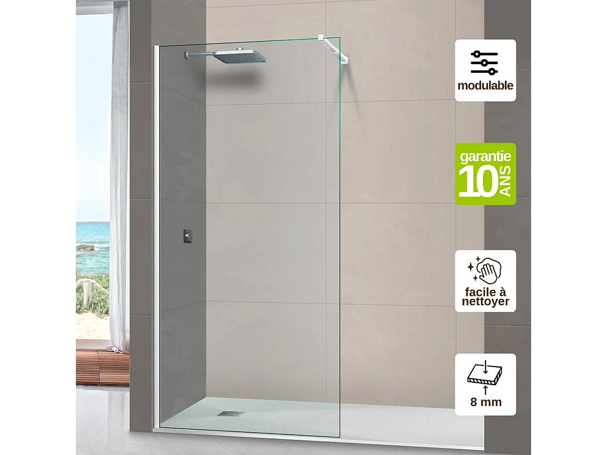 Pare douche fixe en verre sécurité transparent ép 8mm anti calcaire, L.110*H.195 cm, profilé blanc mat, SUPERBAN Mont Blanc CC