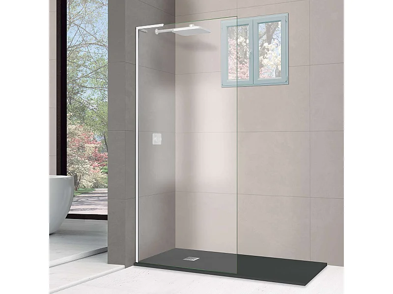 Pare douche fixe en verre sécurité transparent ép 8mm anti calcaire, L.100*H.195 cm, profilé blanc mat, SUPERBAN Mont Blanc E