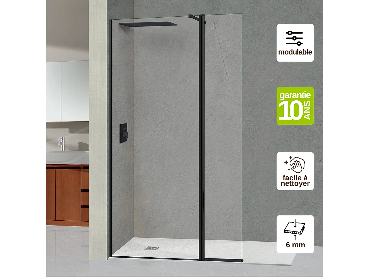 Pare douche fixe avec déflecteur Droit en verre sécurité transparent ép 6mm anti calcaire, L(83+32)115*H195 cm, noir mat, SUPERBAN Alsace Sport +