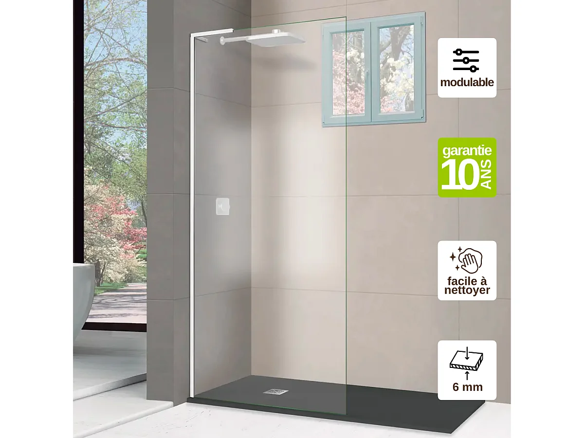 Pare douche fixe en verre sécurité transparent ép 6mm anti calcaire, L.100*H.195 cm, profilé blanc mat, SUPERBAN Mont Blanc E