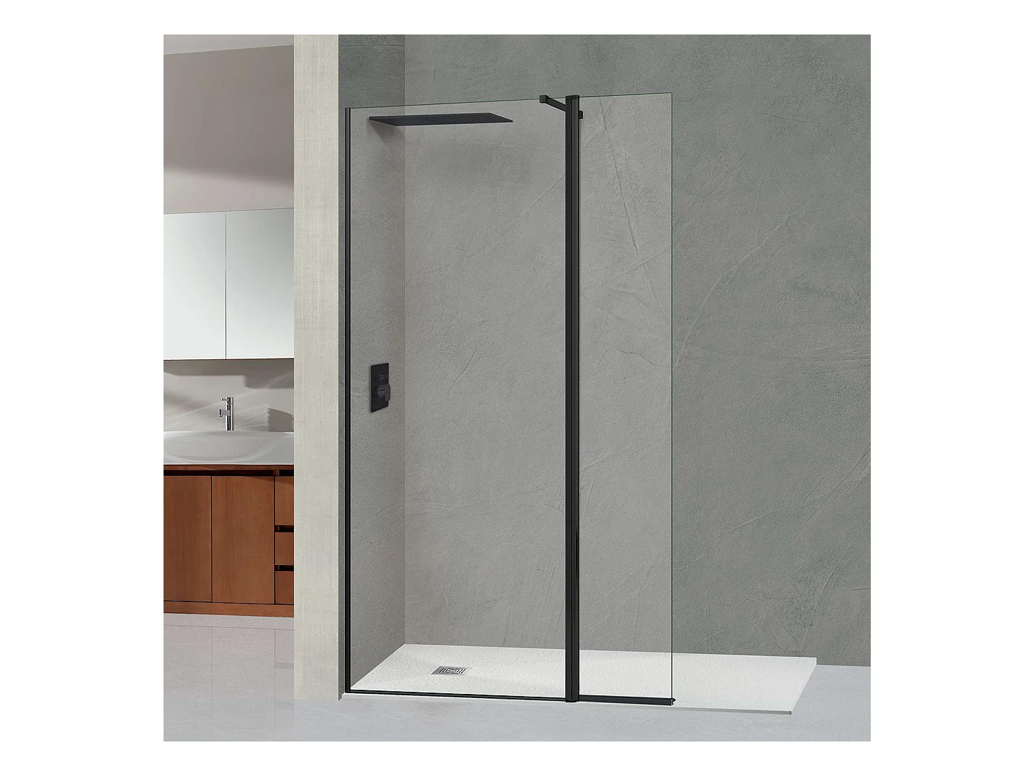 Pare douche fixe avec déflecteur Gauche en verre sécurité transparent ép 6mm anti calcaire, L(83+32)115*H195 cm, noir mat, SUPERBAN Alsace Sport +