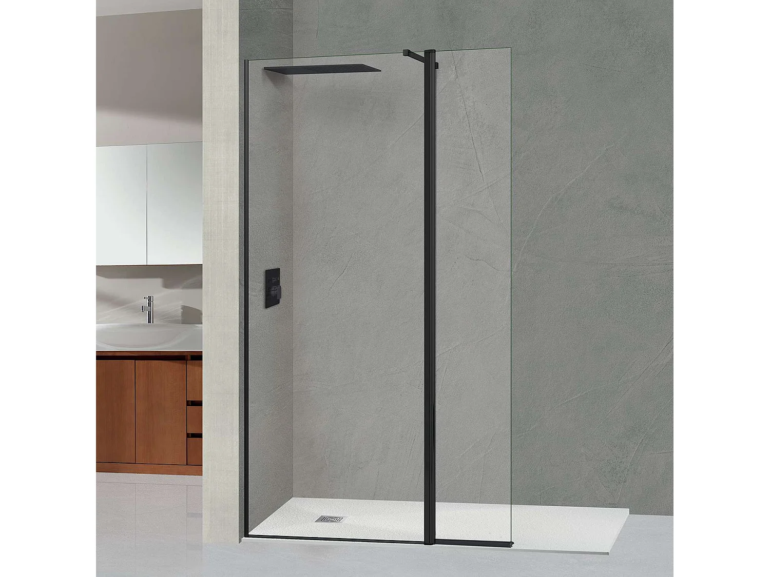 Pare douche fixe avec déflecteur Gauche en verre sécurité transparent ép 6mm anti calcaire, L(83+32)115*H195 cm, noir mat, SUPERBAN Alsace Sport +