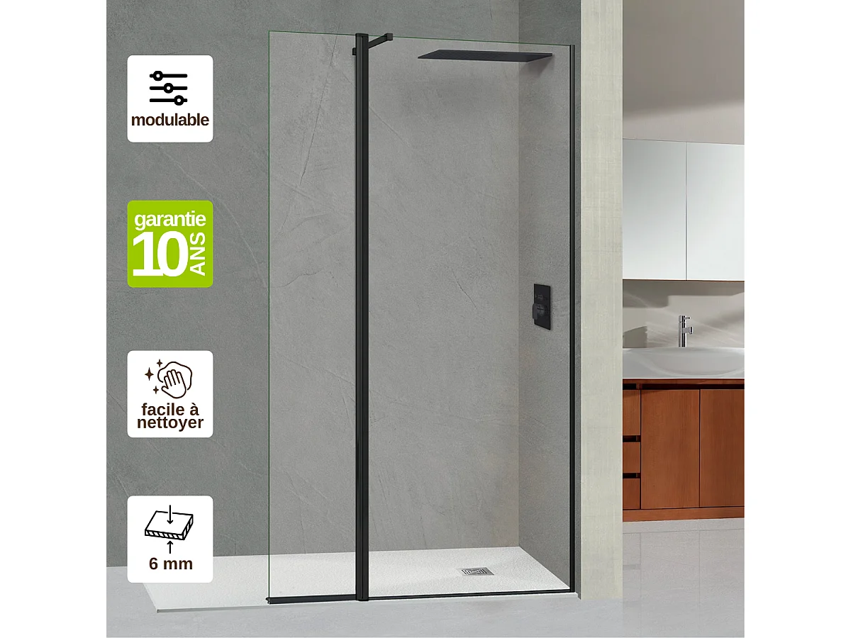 Pare douche fixe avec déflecteur Gauche en verre sécurité transparent ép 6mm anti calcaire, L(83+32)115*H195 cm, noir mat, SUPERBAN Alsace Sport +