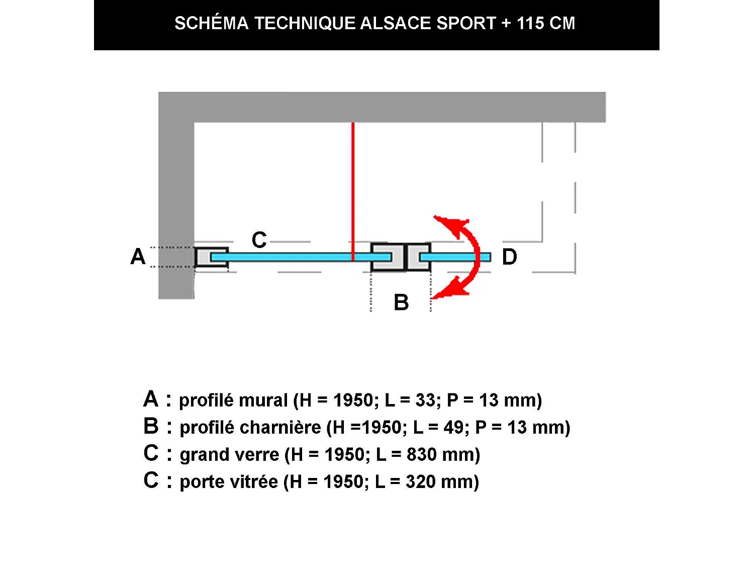 Pare douche fixe avec déflecteur Gauche en verre sécurité transparent ép 6mm anti calcaire, L(83+32)115*H195 cm, noir mat, SUPERBAN Alsace Sport +