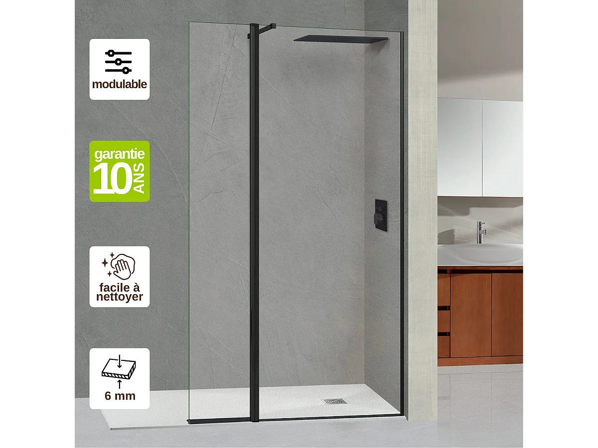 Pare douche fixe avec déflecteur Gauche en verre sécurité transparent ép 6mm anti calcaire, L(83+32)115*H195 cm, noir mat, SUPERBAN Alsace Sport +