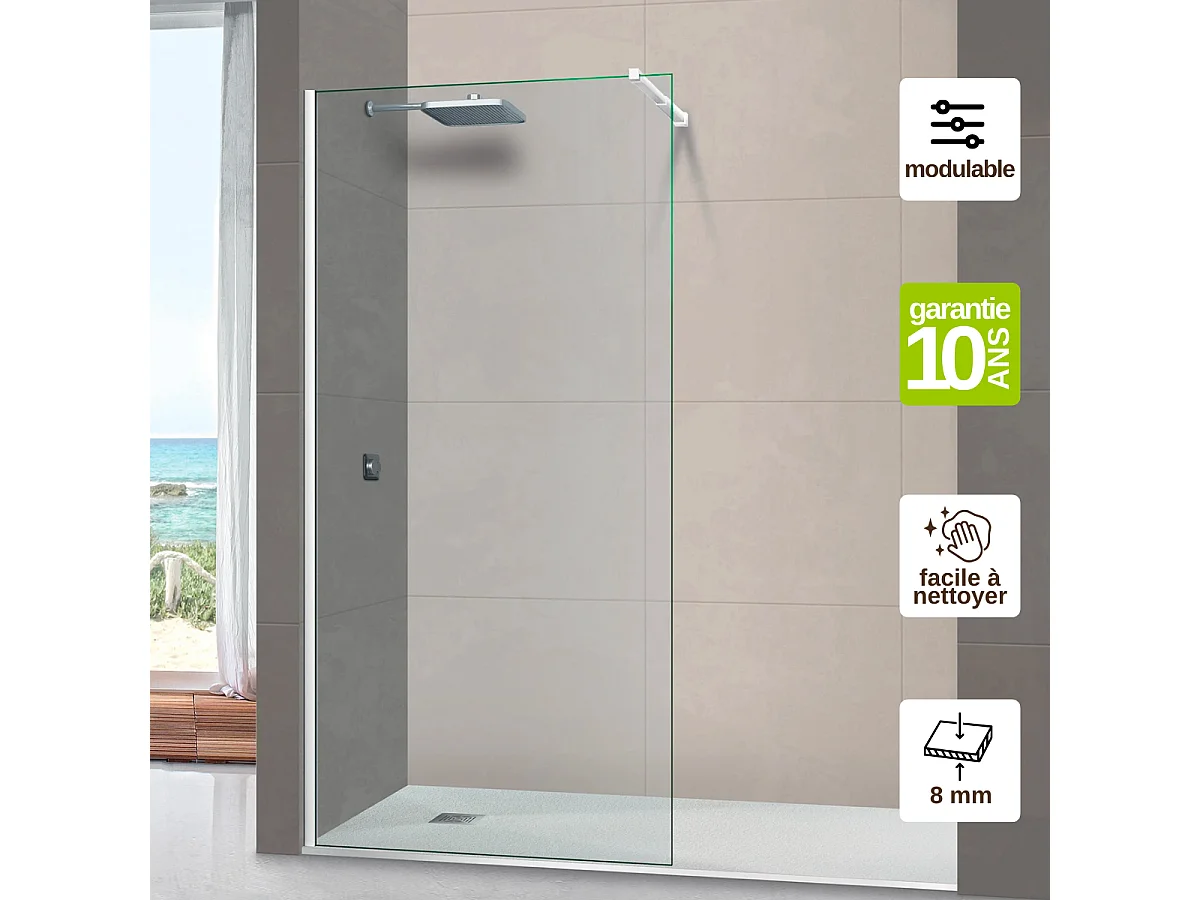 Pare douche fixe en verre sécurité transparent ép 8mm anti calcaire, L.120*H.195 cm, profilé blanc brillant, SUPERBAN Mont Blanc CC