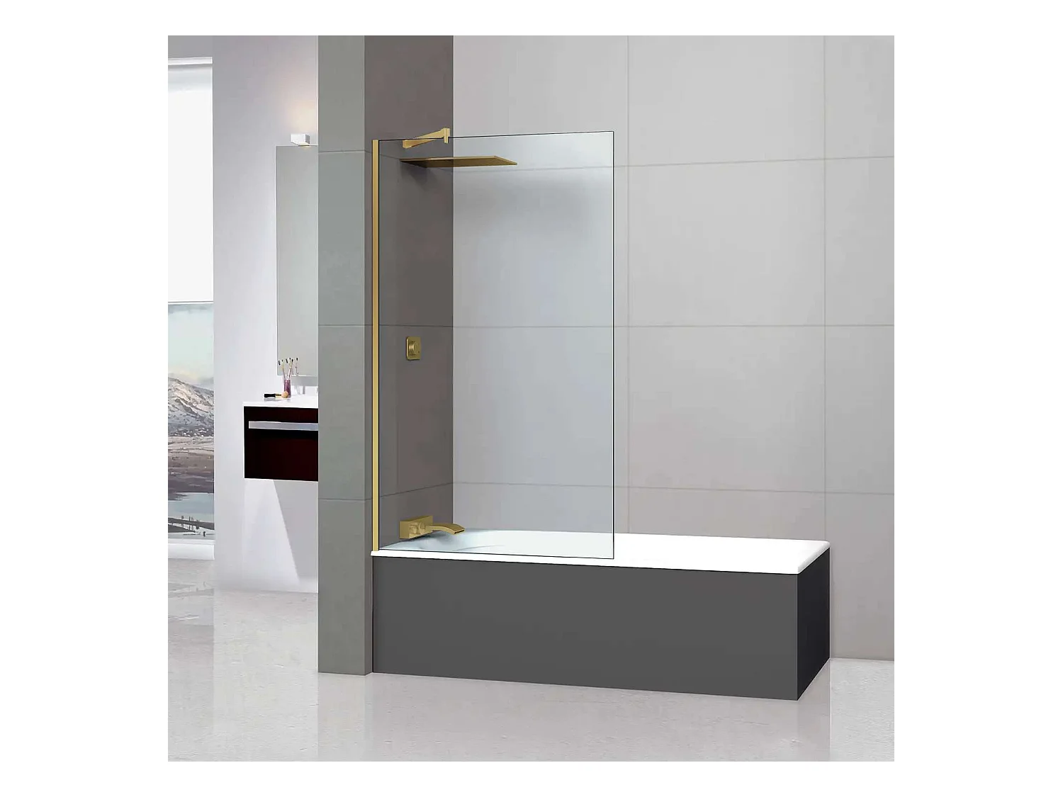 Pare douche fixe en verre sécurité transparent ép 8mm anti calcaire, L.100*H.195 cm, profilé or brossé, SUPERBAN Mont Blanc CC
