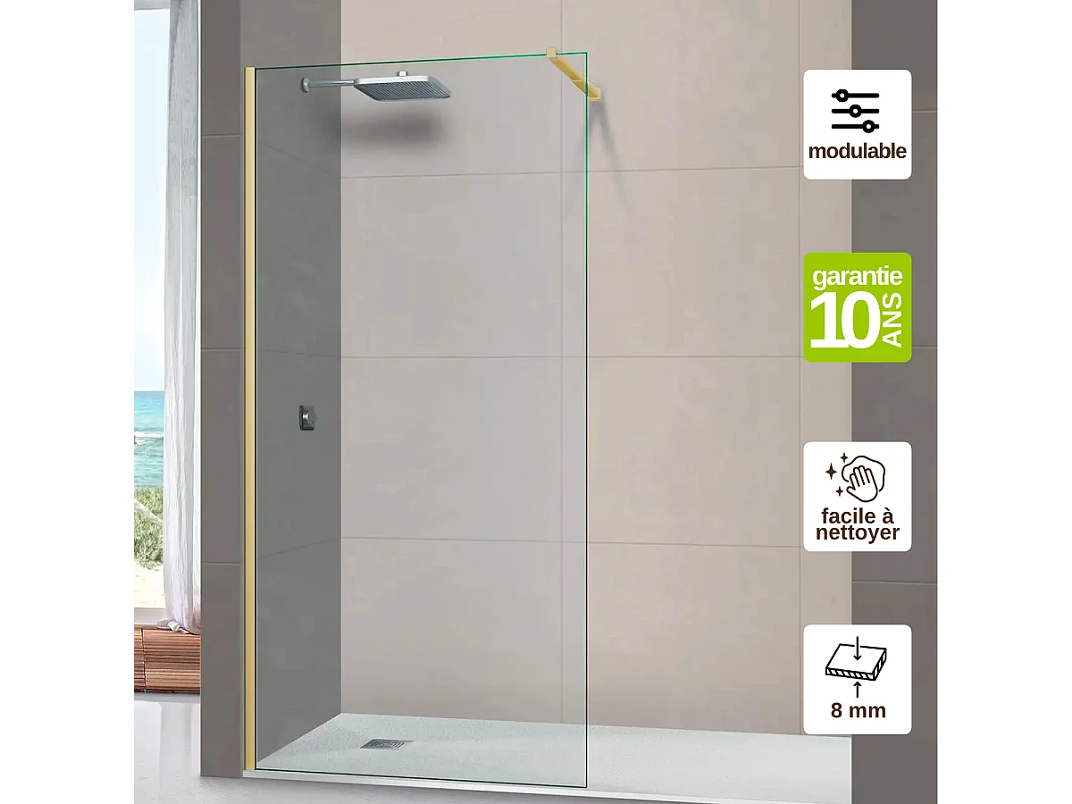 Pare douche fixe en verre sécurité transparent ép 8mm anti calcaire, L.100*H.195 cm, profilé or brossé, SUPERBAN Mont Blanc CC