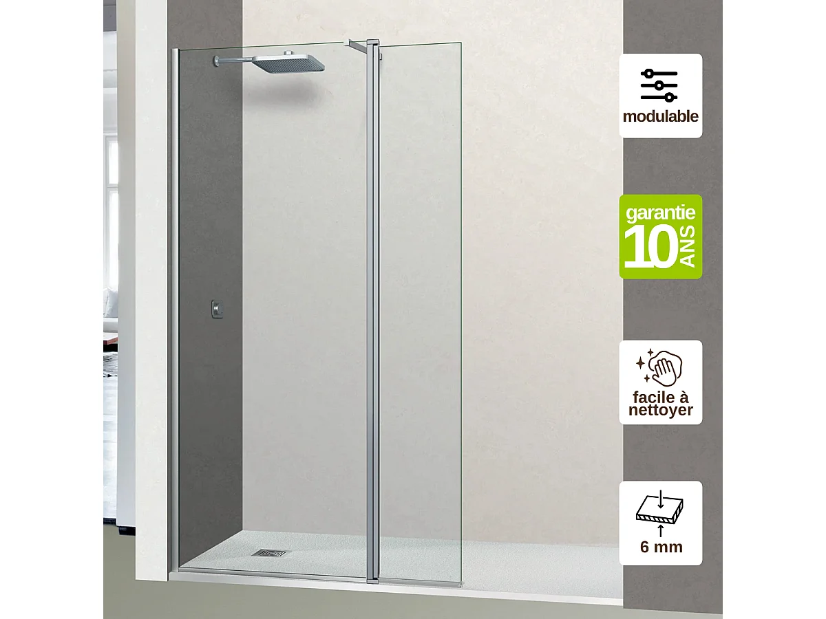 Pare douche fixe avec déflecteur Droit en verre sécurité transparent ép 6mm anti calcaire, L(73+32)105*H195 cm, chrome, SUPERBAN Alsace Sport +