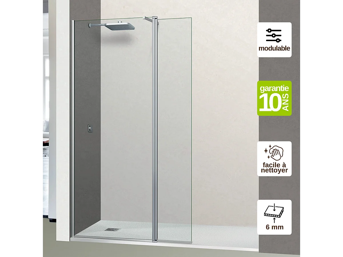 Pare douche fixe avec déflecteur Droit en verre sécurité transparent ép 6mm anti calcaire, L(73+32)105*H195 cm, chrome, SUPERBAN Alsace Sport +
