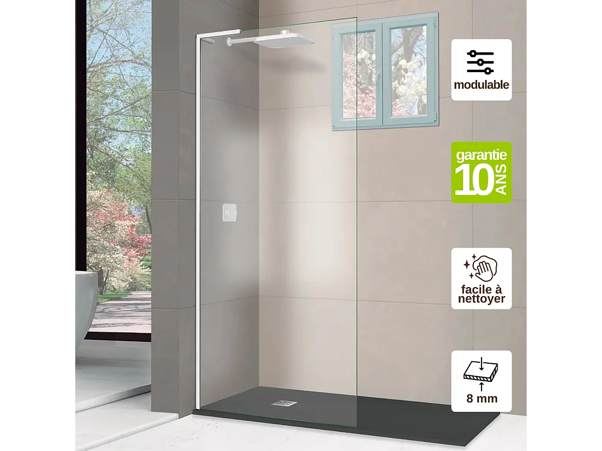 Pare douche fixe en verre sécurité transparent ép 8mm anti calcaire, L.100*H.195 cm, profilé blanc brillant, SUPERBAN Mont Blanc E