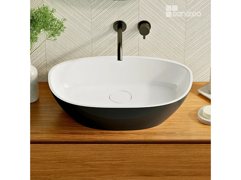 Vasque à poser FRODE  - 75% Minéral Noir/Blanc Brillant Asymétrique 60*36*H16.6cm - LAVABERG