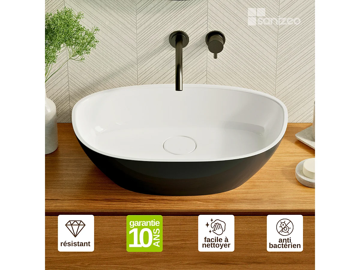 Vasque à poser FRODE  - 75% Minéral Noir/Blanc Brillant Asymétrique 60*36*H16.6cm - LAVABERG