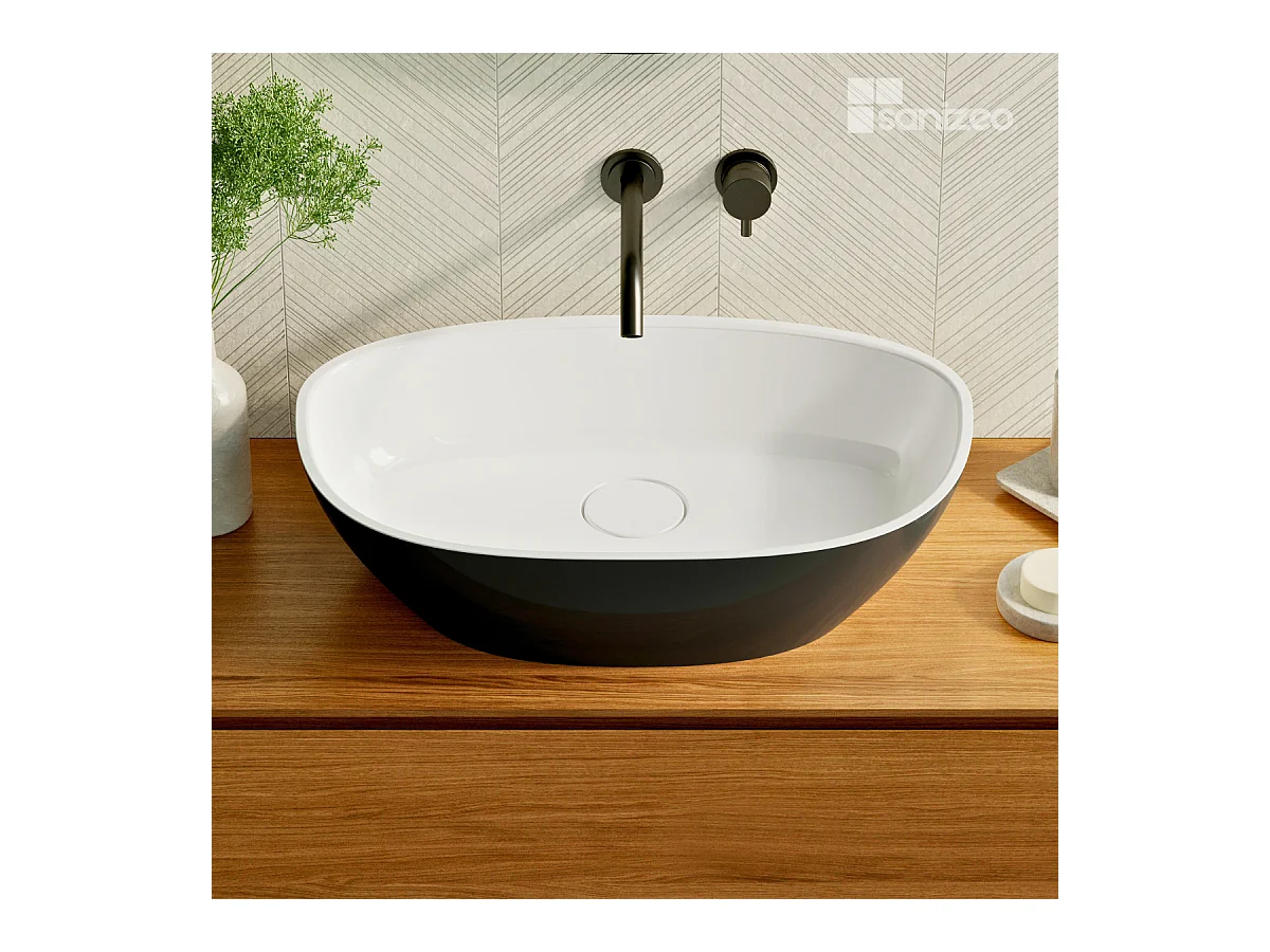 Vasque à poser FRODE  - 75% Minéral Noir/Blanc Brillant Asymétrique 60*36*H16.6cm - LAVABERG