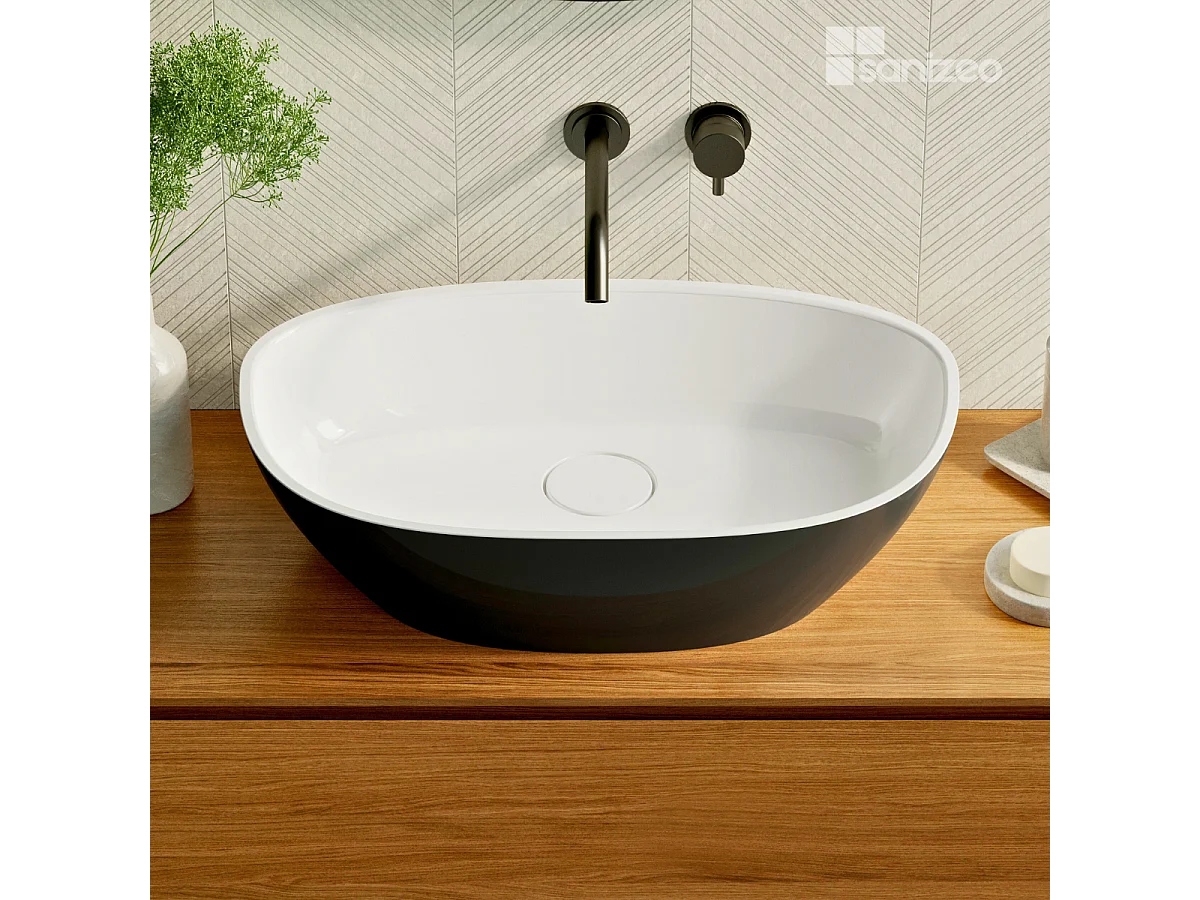 Vasque à poser FRODE  - 75% Minéral Noir/Blanc Brillant Asymétrique 60*36*H16.6cm - LAVABERG