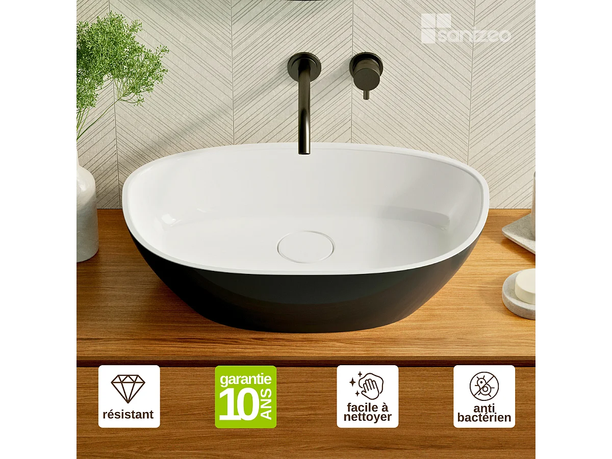Vasque à poser FRODE  - 75% Minéral Noir/Blanc Brillant Asymétrique 60*36*H16.6cm - LAVABERG
