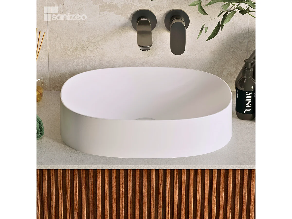 Vasque à poser OSCAR  - 75% Minéral Blanc Mat Ovale 48*38*H11.7cm - LAVABERG