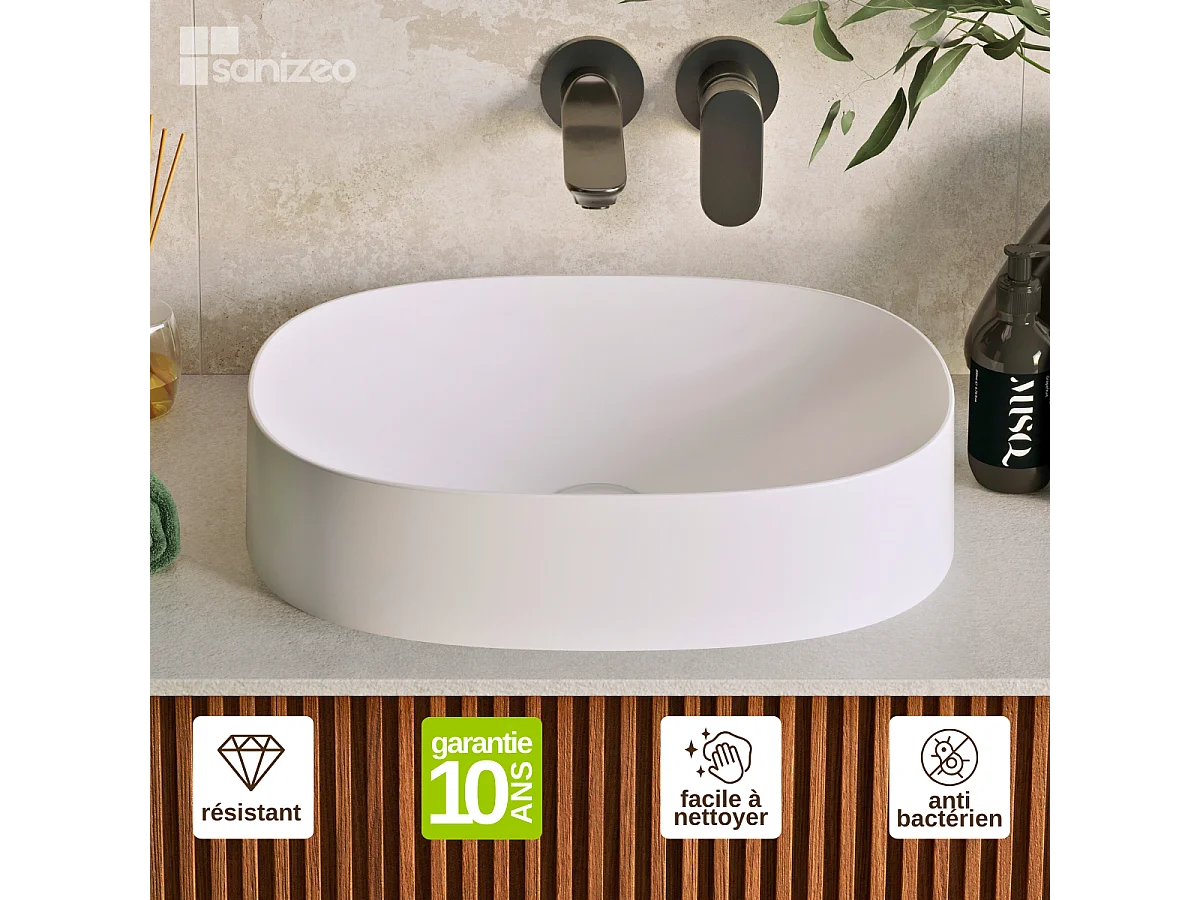 Vasque à poser OSCAR  - 75% Minéral Blanc Mat Ovale 48*38*H11.7cm - LAVABERG
