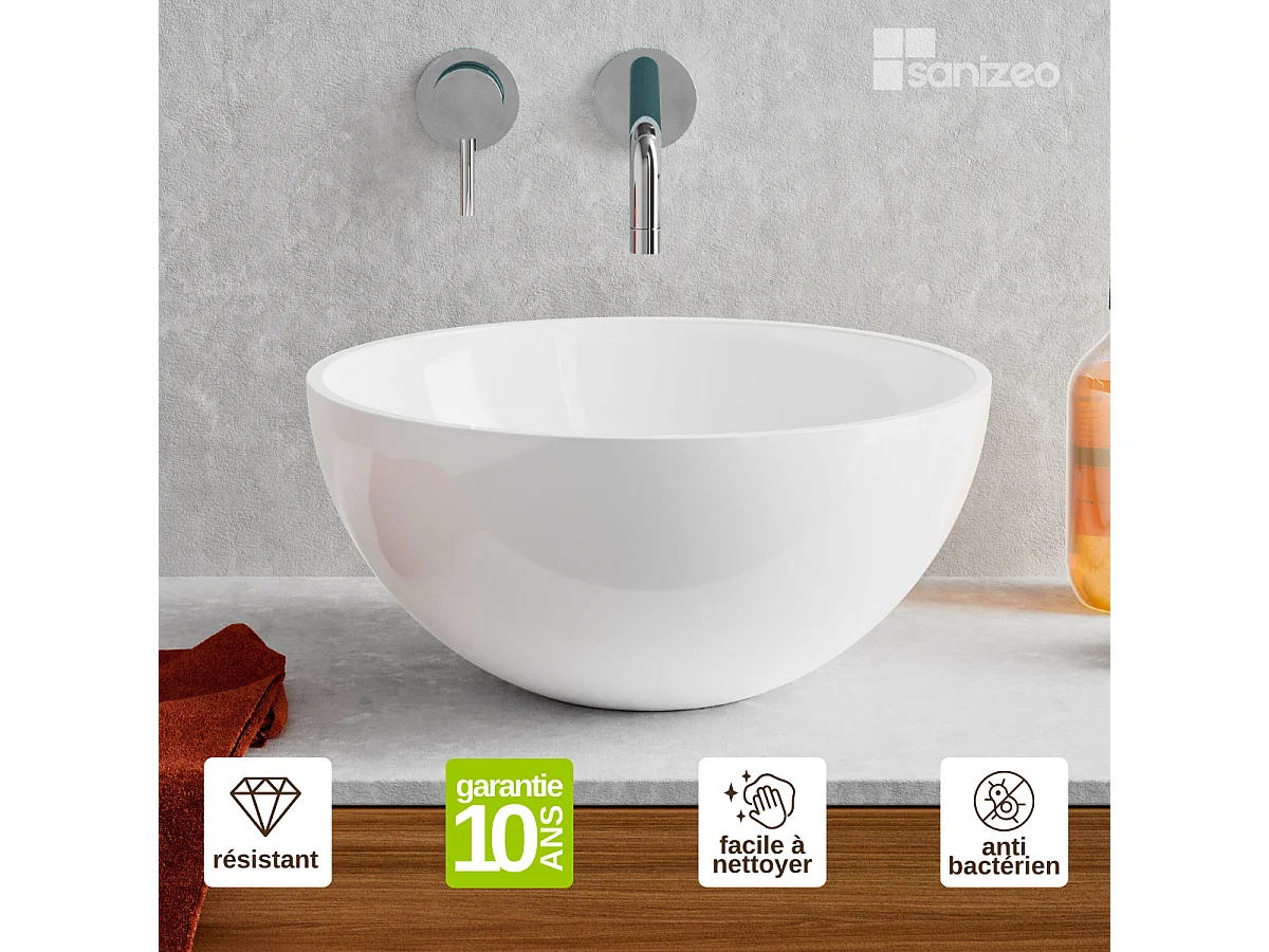 Vasque à poser VIDAR - 75% Minéral Blanc Brillant Ronde 38cm*H17.5cm - LAVABERG