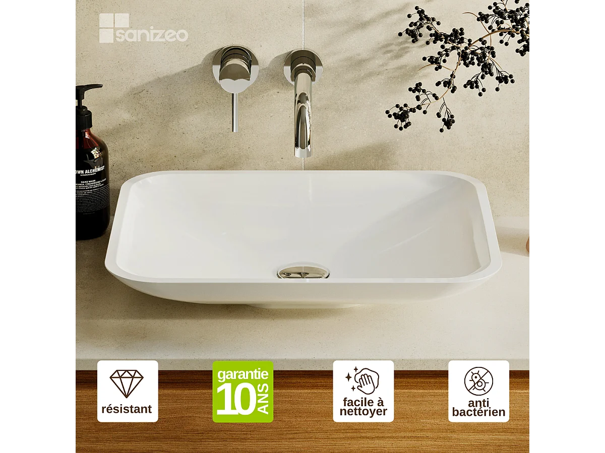 Vasque à poser ANJA - 75% Minéral Blanc Brillant Rectangle 49.9*39.9cm*H9.2cm - LAVABERG