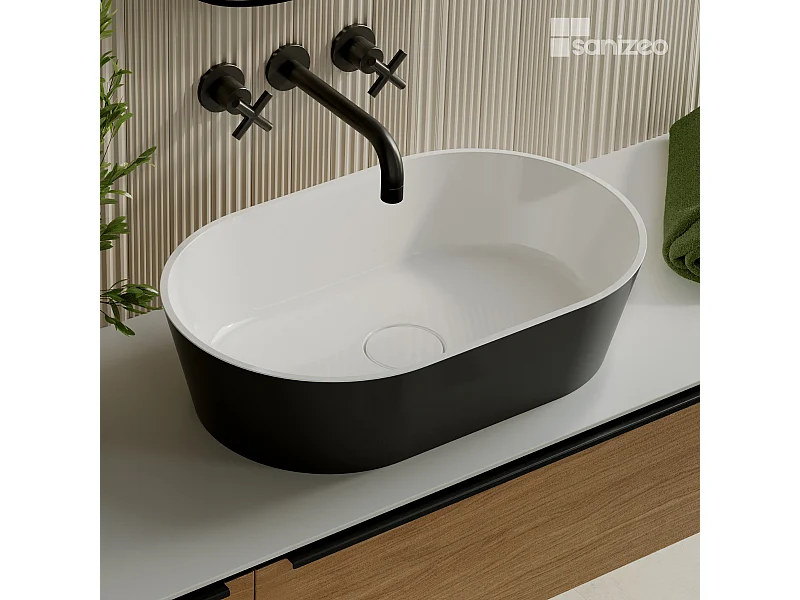 Vasque à poser KARIN - 75% Minéral Noir/Blanc Brillant Ovale 47*38*H16.6cm - LAVABERG