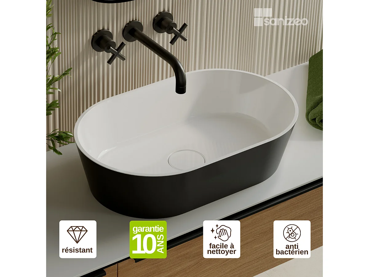 Vasque à poser KARIN - 75% Minéral Noir/Blanc Brillant Ovale 47*38*H16.6cm - LAVABERG