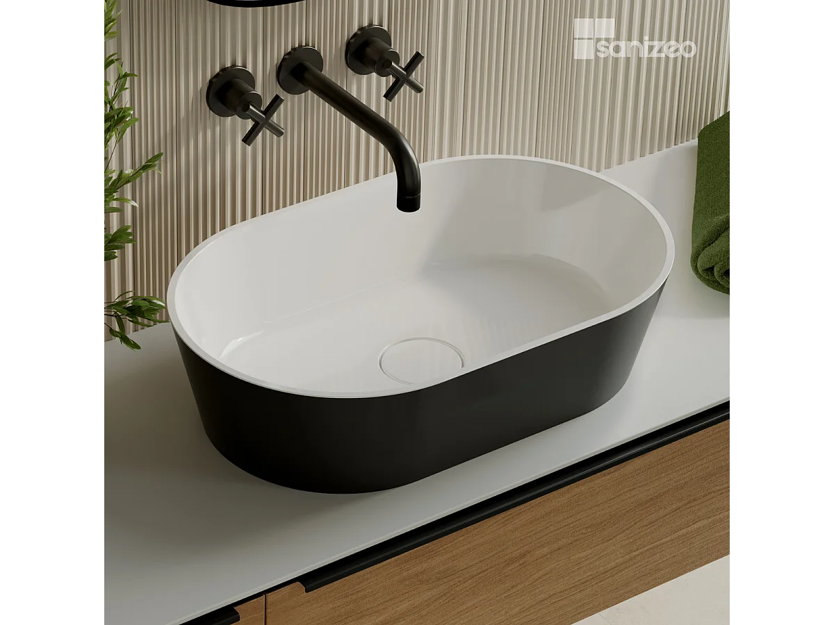 Vasque à poser KARIN - 75% Minéral Noir/Blanc Brillant Ovale 47*38*H16.6cm - LAVABERG