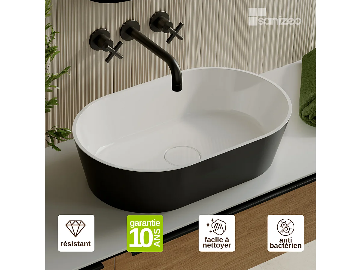 Vasque à poser KARIN - 75% Minéral Noir/Blanc Brillant Ovale 47*38*H16.6cm - LAVABERG