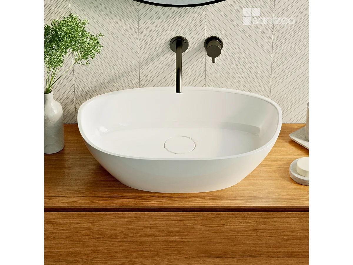 Vasque à poser FRODE - 75% Minéral Blanc Brillant Asymétrique 60*36*H16.6cm - LAVABERG