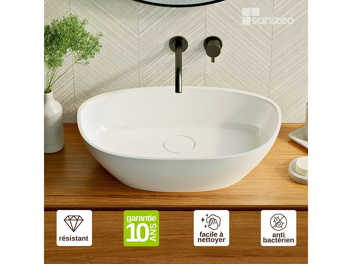 Vasque à poser FRODE - 75% Minéral Blanc Brillant Asymétrique 60*36*H16.6cm - LAVABERG